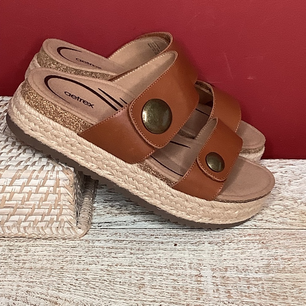 AETREX Sofie Cognac Leather Platform Sandals Jute Trim Arch Support Memo… - Picture 16 of 16